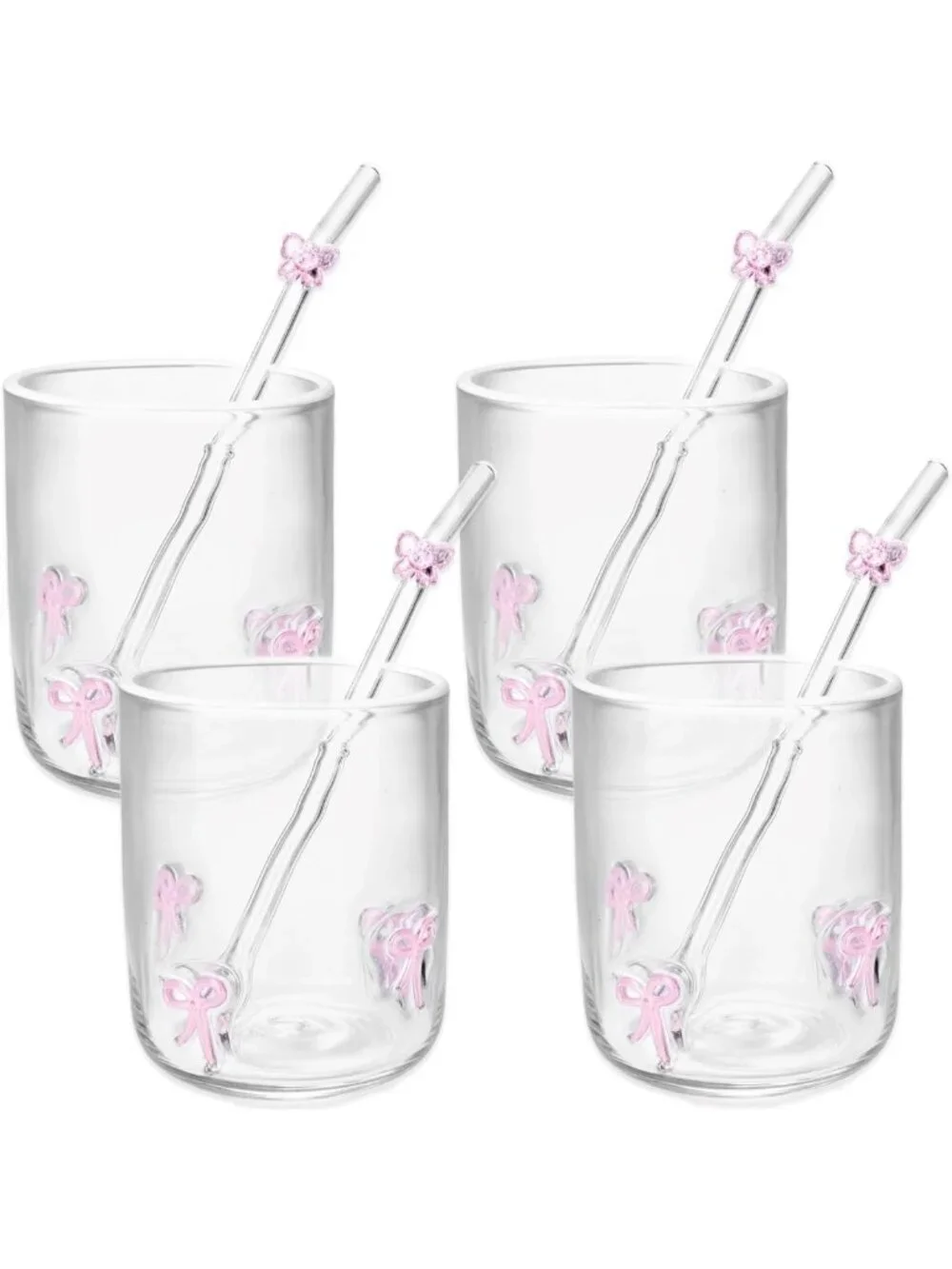 4 Set 14 oz Pink Bow Glass Cups with Straws - Aesthetic Handblown Drinkware for